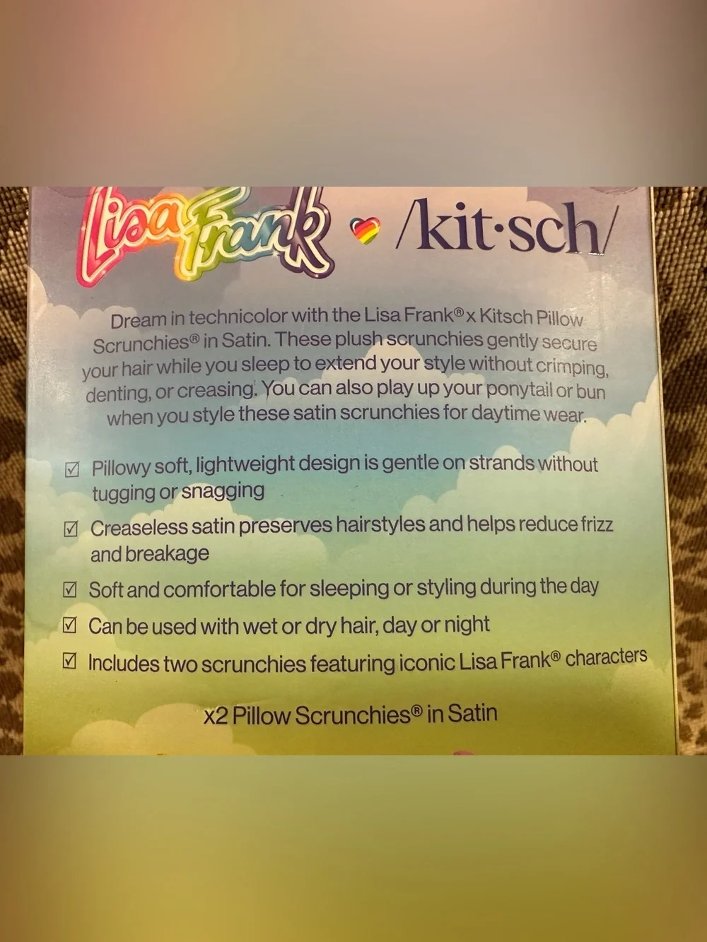 Kitsch x Lisa Frank Pillow Scrunchie In Satin 2 Piece Set~Oversized~New In Box!